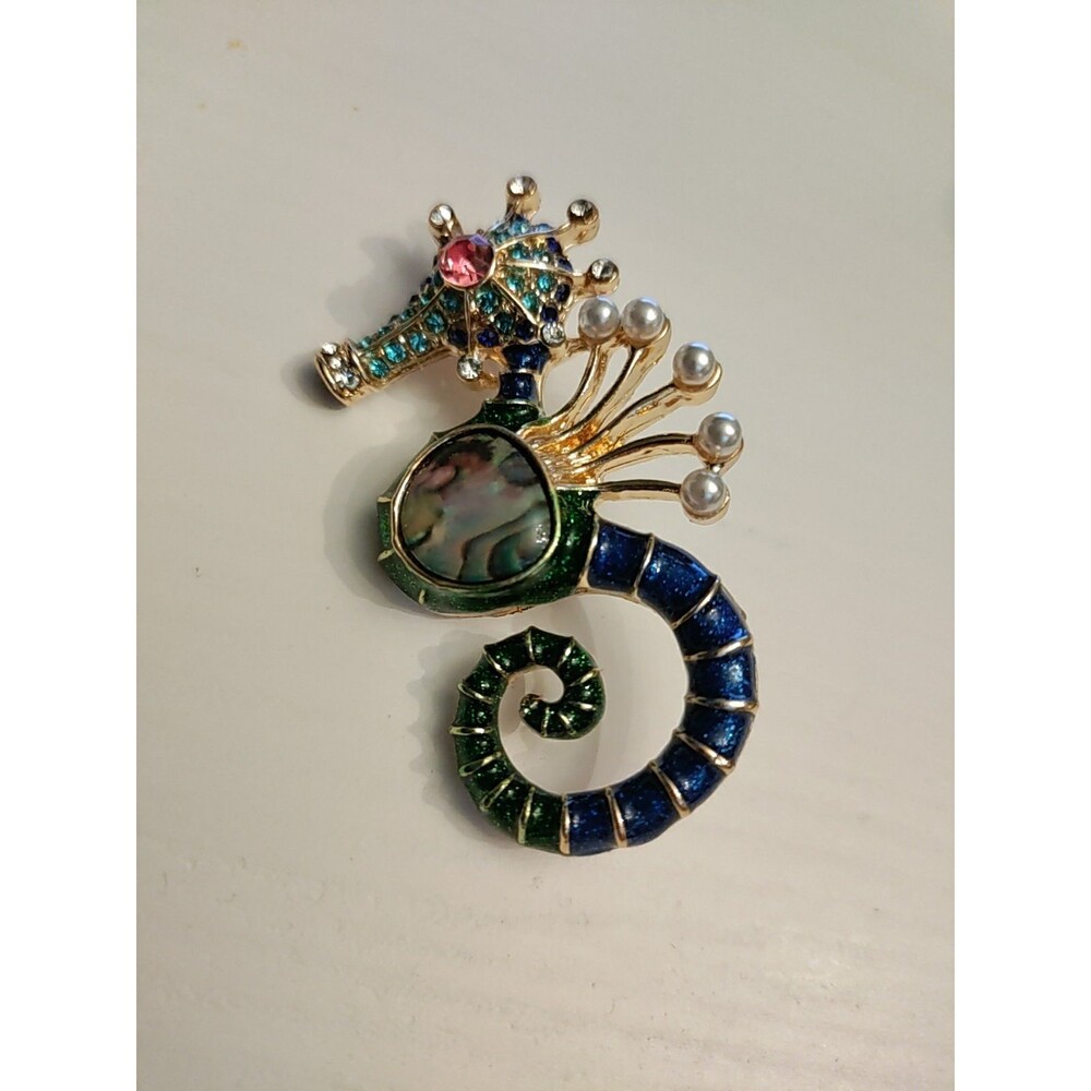 Multi Color Rhinestone Sea Horse Brooch  1.25" W X 2.25" L W/Abalone